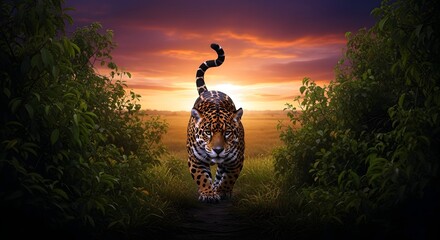 Striking Jaguar Walking Toward Camera on Path at Colorful Sunset