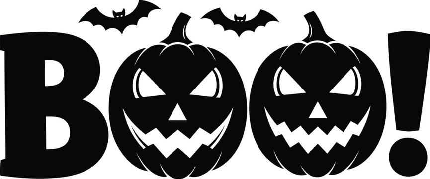 Spooky halloween boo text with jack o lantern pumpkins and flying bats