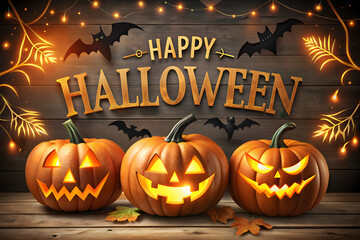 Festive Halloween Display with Jack O Lanterns Bats and String Lights on a Rustic Wooden Background creating a Spooky and Celebratory Atmosphere for the Holiday