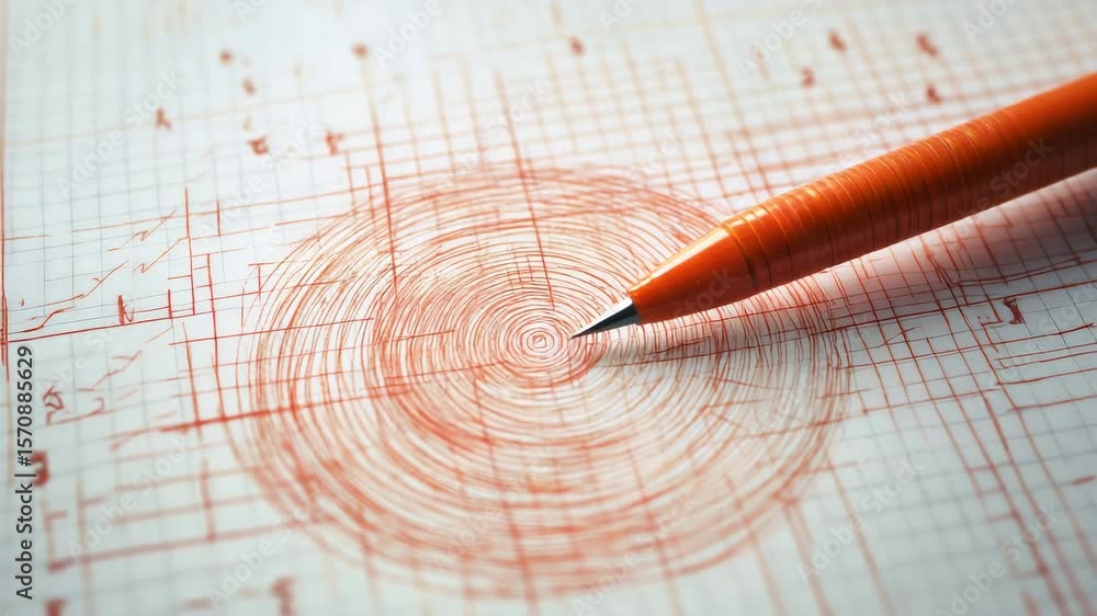 Poster orange pen marking earthquake epicenter on graph paper, drawing concentric circles representing seis
