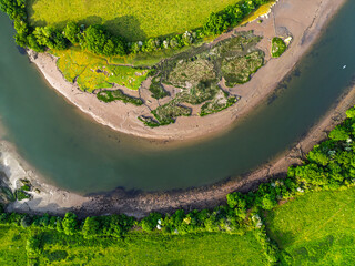 Farms and Fields over River Dart from a drone, Stoke Gabriel, Totnes, Devon, England