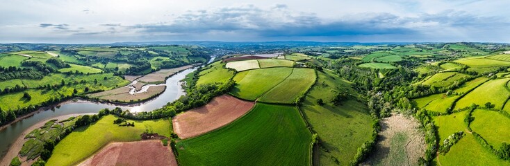 Panorama of Farms and Fields over River Dart from a drone, Stoke Gabriel, Totnes, Devon, England