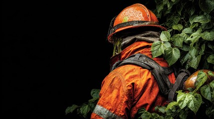 Kill poison ivy. Firefighter in protective gear surrounded by foliage, ready for action in a dark environment.