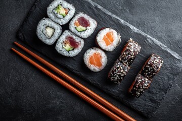 neatly arranged sushi rolls on slate plate, chopsticks beside, studio lighting