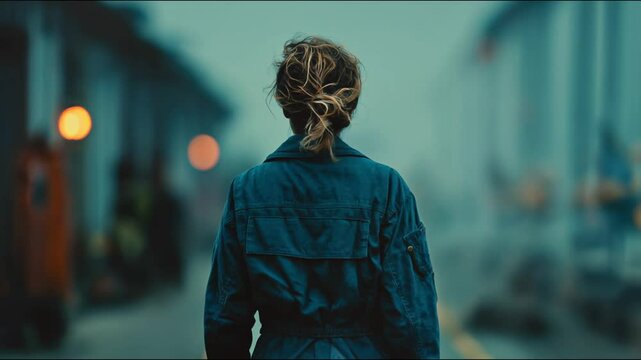 A woman in work clothes walks past the blurry silhouettes of buildings, immersed in darkness and the faint orange light of street lamps in the distance.