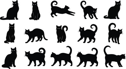 Fototapeta premium Collection of black cat silhouettes in various poses on a white background