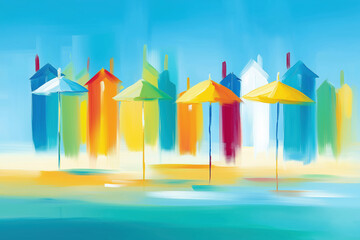 A vibrant, abstract painting of a colorful beach scene. Features a row of beach umbrellas and huts in a modern, painterly style. Ideal for summer, travel, and vacation concepts.