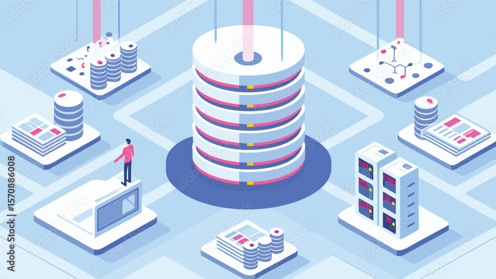 Aufkleber isometric illustration of data analysis with charts graphs and network connections on a blue backgro