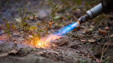 Kill poison ivy. Torch igniting vegetation on the ground in a natural setting.