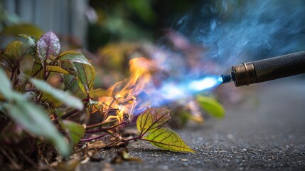 Kill poison ivy. Torch flames are used to burn weeds in a garden, showcasing a method of weed control.