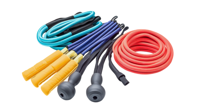 • A set of portable fitness gear, including bands and jump ropes, isolated on white background in HD 