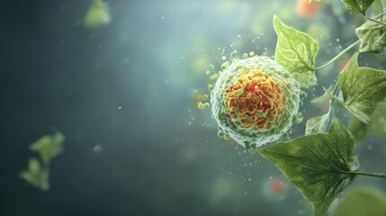Kill poison ivy. A vibrant microscopic view of a cell surrounded by leaves and bubbles in a soft-focus environment.