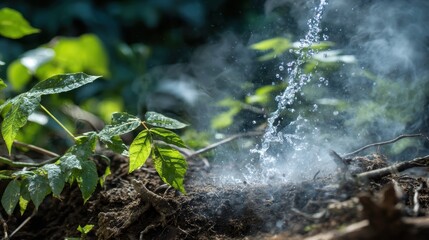 Kill poison ivy. Water droplets and smoke rising among lush green foliage in a vibrant natural setting.