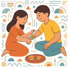 Sister Tying Rakhi Bracelet To Brother With Sweets