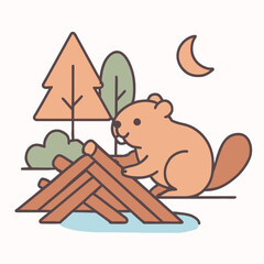 Beaver Building Wood Lodge By The River