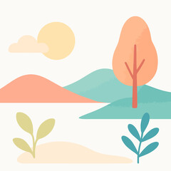Minimalist Pastel Landscape With Tree And Sun