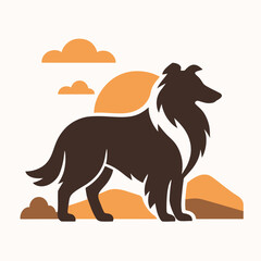 Collie Dog Silhouette At Sunset Mountains