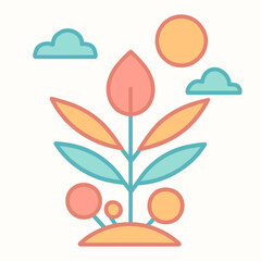 Colorful Minimalistic Plant With Sun And Clouds