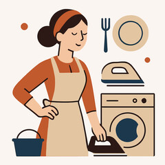 Woman Doing Housework Routine With Laundry And Iron