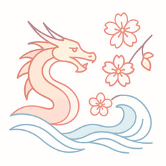 Asian Dragon With Cherry Blossoms And Blue Waves