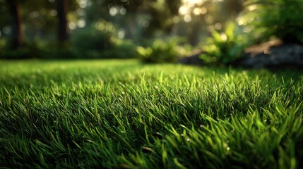 Naklejka premium Lush Green Grass Close Up in Natural Setting, Tranquil Lawn Surface