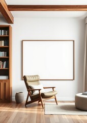 Blank picture frame mockup in interior design living room chair with bookcase view of modern rustic style interior with artwork template on a white wall home design concept Empty room interior de