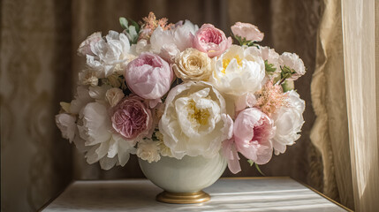 Elegant English garden bouquets in vintage vases, adorned with peonies, tulips and roses and other flowers, displayed in manor garden with dappled light and timeless floral grace