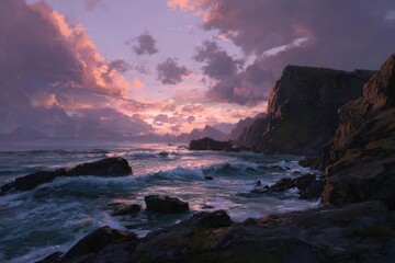 sunset over rocky coastal cliff, waves crashing, moody atmosphere, wide view