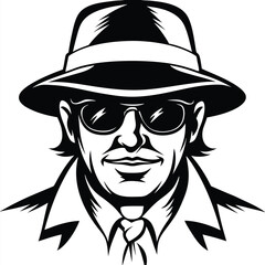 Confident man wearing sunglasses and a hat stands stylishly with tie and coat