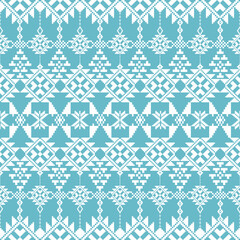 Traditional blue and white tribal pixel pattern inspired by ethnic textile motifs. Perfect for background design, fabric prints, and cultural themes.