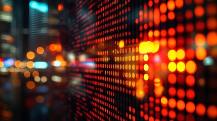 Dynamic Financial Showcase with Upbeat Market Data Glowing on Screen Over Blurred Urban Landscape