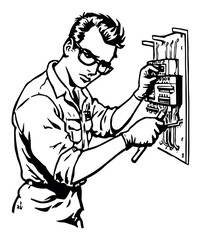 Hand Drawn Electrician Working on Circuit Breaker Panel in Black and White