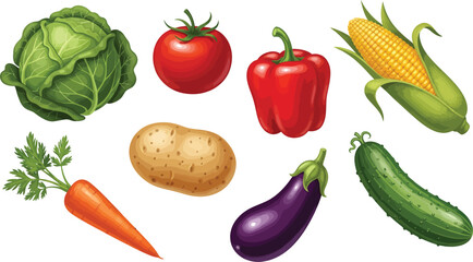 Collection of fresh and healthy vegetables including cabbage tomato bell pepper corn potato carrot eggplant and cucumber