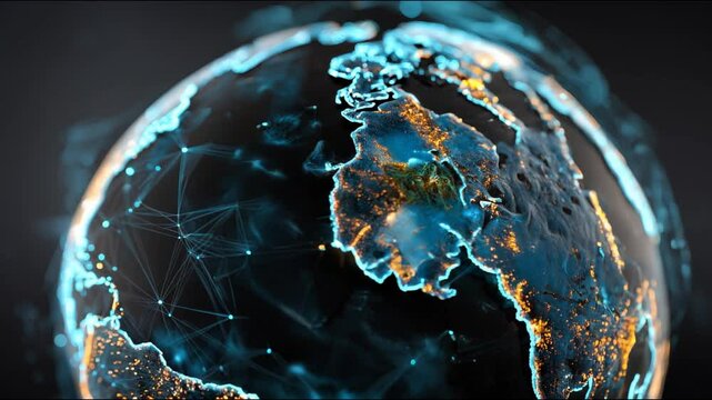 A globe focusing on North and South America, covered in glowing network nodes and connections symbolizing the digital interconnectivity of the world.