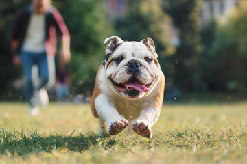 Fototapeta premium A dog is running in a park and a man is running behind it