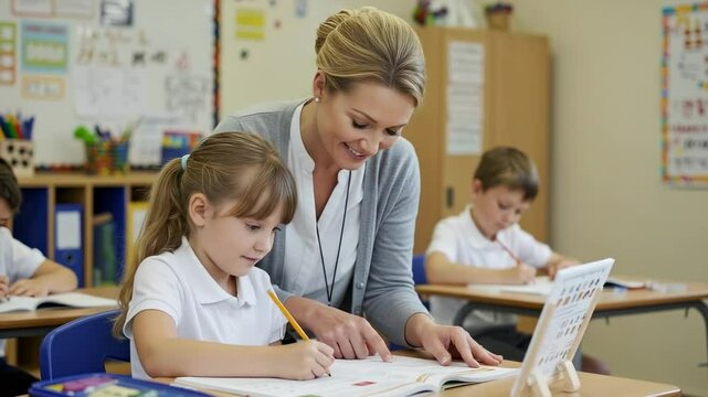 Teacher assists young girl with schoolwork in classroom.