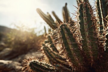 cactus closeup with strong sunlight, harsh desert vibe, detailed texture