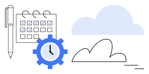 Calendar with checkmarks, pen, gear with a clock, abstract cloud. Ideal for scheduling, planning, workflow, productivity cloud services timekeeping organization. Minimalist flat metaphor