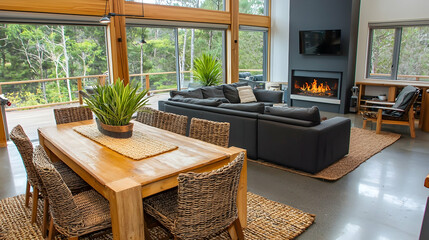 Modern cabin interior, dining and living area, overlooking forest. Potential use showcasing modern home design, vacation rentals
