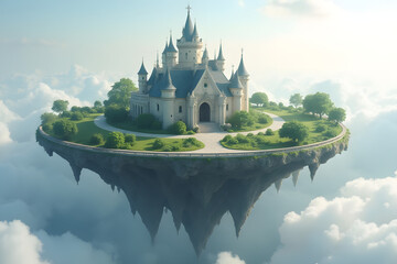  A floating circular castle with gardens suspended in the clouds.
