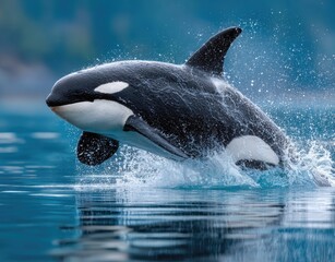 A black and white orca leaping out of the blue ocean