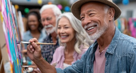A diverse group of older adults laughing and painting together in an outdoor art class, surrounded by colorful walls with abstract paintings