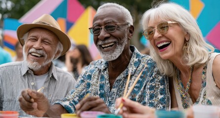 A diverse group of older adults laughing and painting together in an outdoor art class, surrounded by colorful walls with abstract paintings