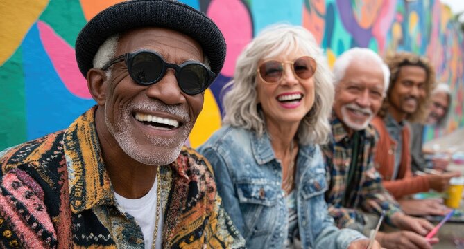 A diverse group of older adults laughing and painting together in an outdoor art class, surrounded by colorful walls with abstract paintings