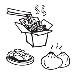 Hand-painted Chinese food: take-out box of noodles, dumplings and two steamed buns