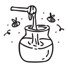 Illustration of a honey jar with a honey scoop and flying bees. Hand drawn line art. Black and white vector style.