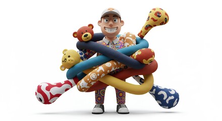 Cartoon character with stuffed animals