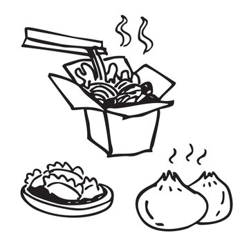 Hand-painted Chinese food: take-out box of noodles, dumplings and two steamed buns