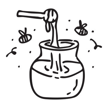 Illustration of a honey jar with a honey scoop and flying bees. Hand drawn line art. Black and white vector style.