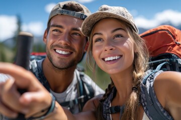 A young, smiling couple on a hiking trip, pointing and looking at the mountain landscape in nature